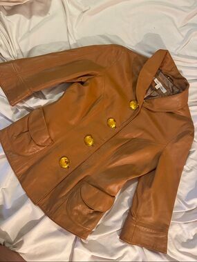 Marc Jacob’s Women’s Tan Lamb Leather Button-Front Jacket w Decorative Buttons